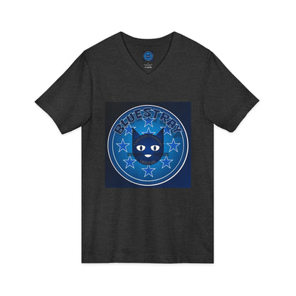 Bluestray Cat V-Neck Tee — Retro Night Sky Cat Graphic Shirt