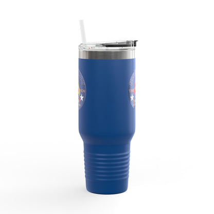 40oz Insulated Travel Mug — Questing Bluestray Cat Logo, Retro Space Adventure Design