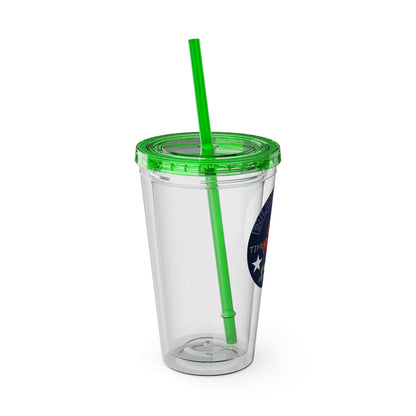 Sunsplash 16oz Clear Tumbler with Straw — Retro Bluestray Flame Crest Design