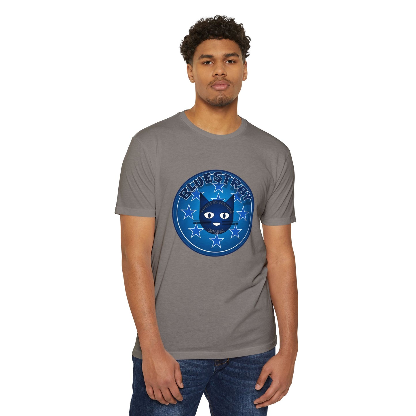 Bluestray Cat Graphic T-Shirt — “Bluestray” Retro Star Logo