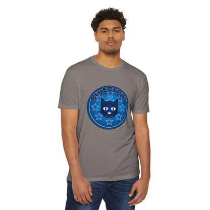 Bluestray Cat Graphic T-Shirt — “Bluestray” Retro Star Logo