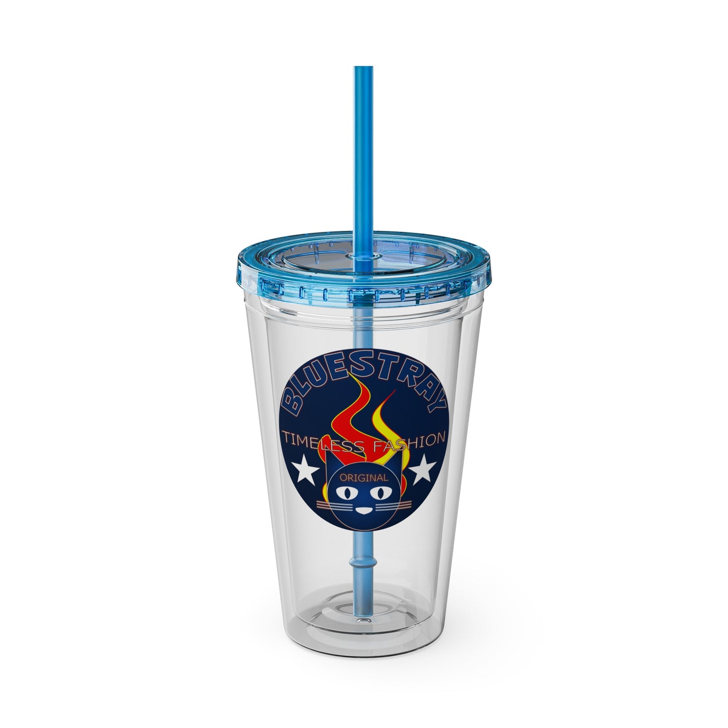Sunsplash 16oz Clear Tumbler with Straw — Retro Bluestray Flame Crest Design