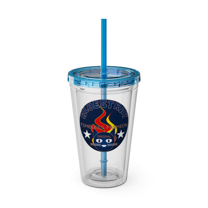 Sunsplash 16oz Clear Tumbler with Straw — Retro Bluestray Flame Crest Design
