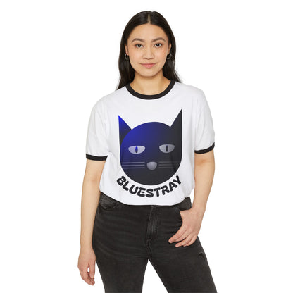 Bluestray Cat Ringer T-Shirt — Retro Blue Cat Graphic Tee