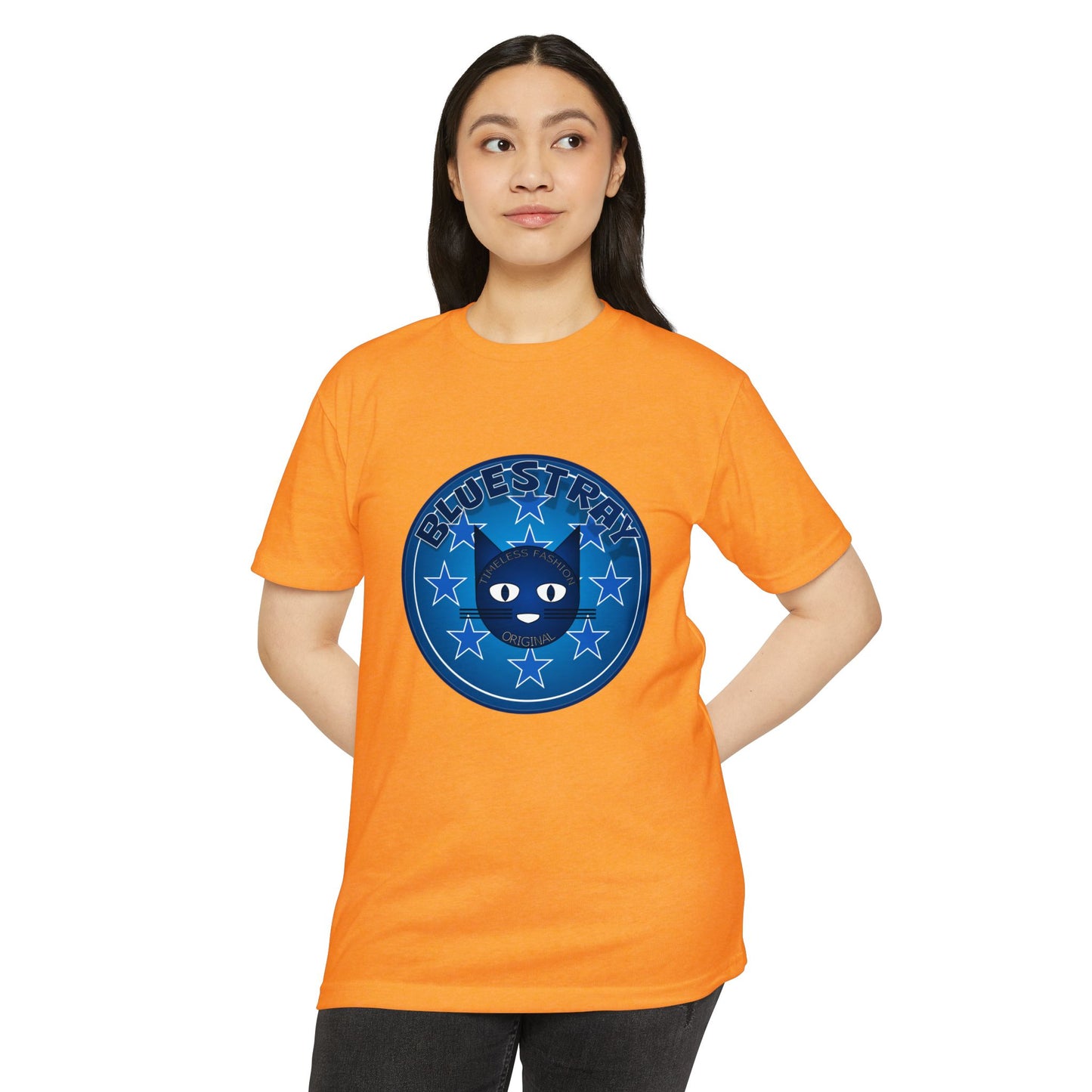Bluestray Cat Graphic T-Shirt — “Bluestray” Retro Star Logo
