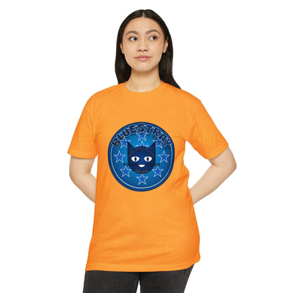 Bluestray Cat Graphic T-Shirt — “Bluestray” Retro Star Logo