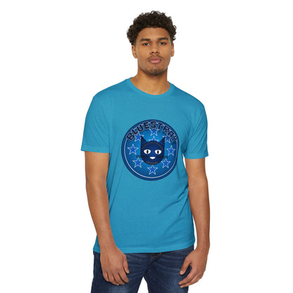 Bluestray Cat Graphic T-Shirt — “Bluestray” Retro Star Logo