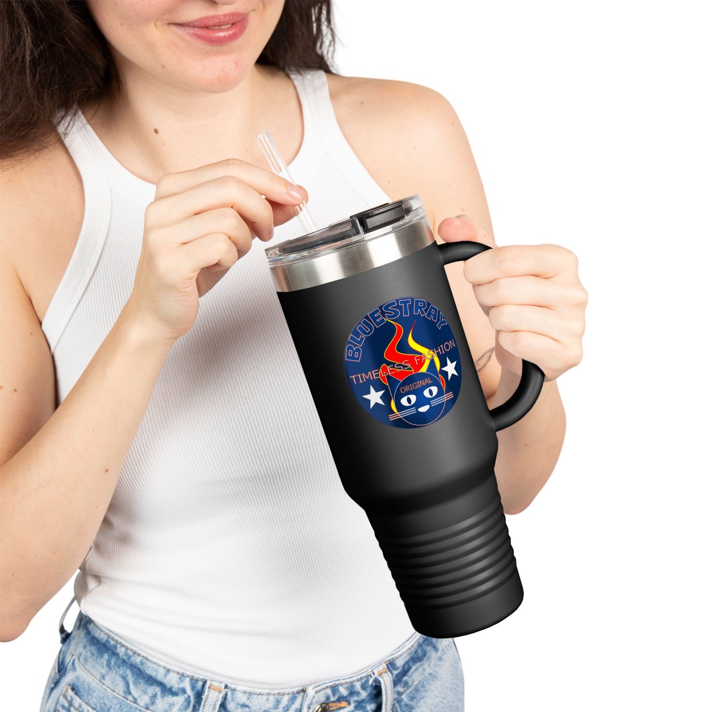 40oz Insulated Travel Mug — Questing Bluestray Cat Logo, Retro Space Adventure Design