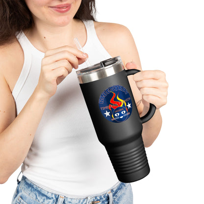 40oz Insulated Travel Mug — Questing Bluestray Cat Logo, Retro Space Adventure Design