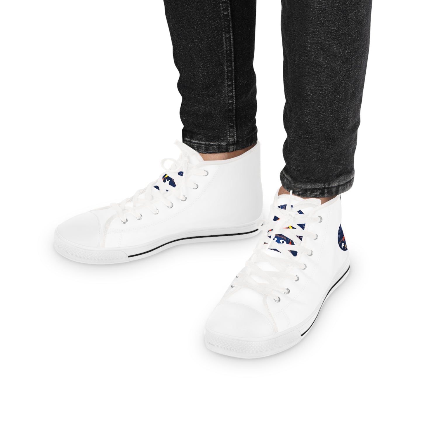 High Top Bluestray Sneakers — Retro Rocket Patch White Canvas Shoes