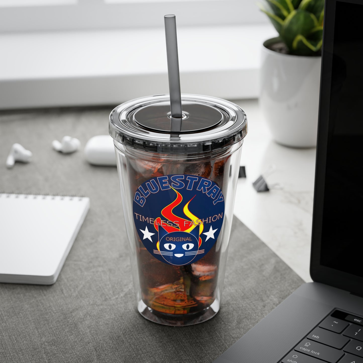 Sunsplash 16oz Clear Tumbler with Straw — Retro Bluestray Flame Crest Design