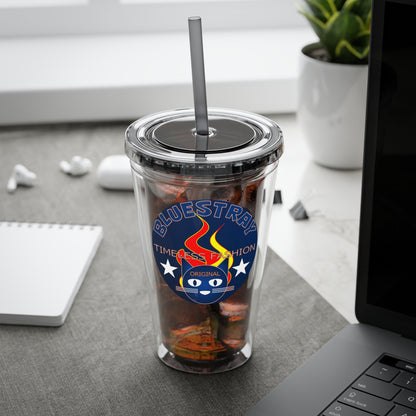 Sunsplash 16oz Clear Tumbler with Straw — Retro Bluestray Flame Crest Design