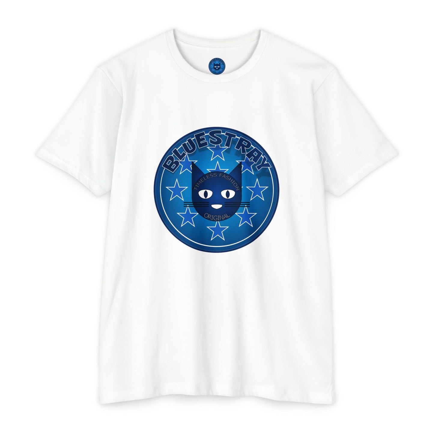 Bluestray Cat Graphic T-Shirt — “Bluestray” Retro Star Logo